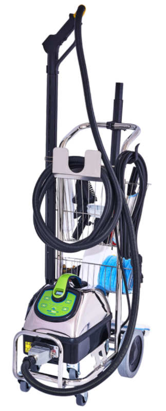 MediCleanTEC Microcleaner II S4 auf dem Edelstahl-Gerätewagen mit Schlauch und Zubehör